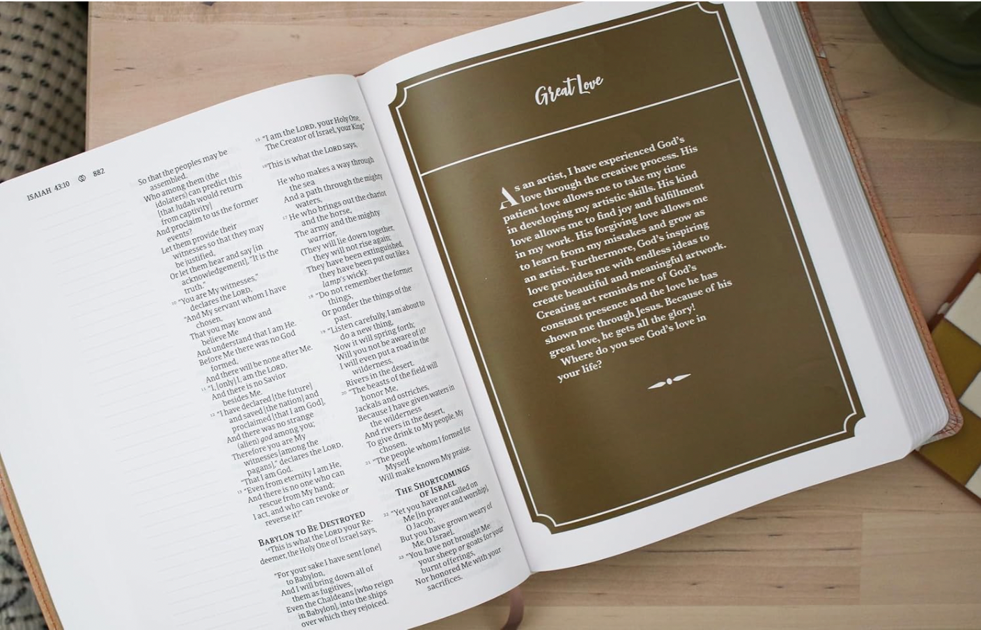 Open book with text on a wooden surface
