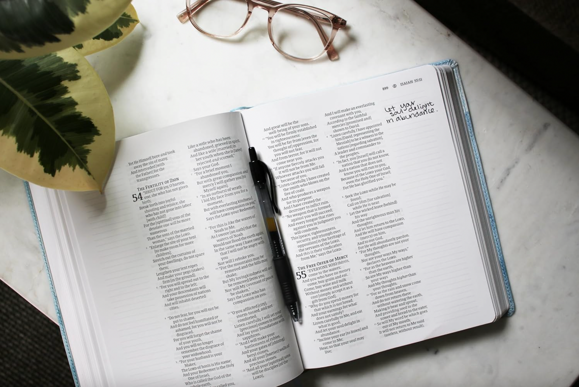 Open book with a pen on a marble surface, next to glasses and a plant.