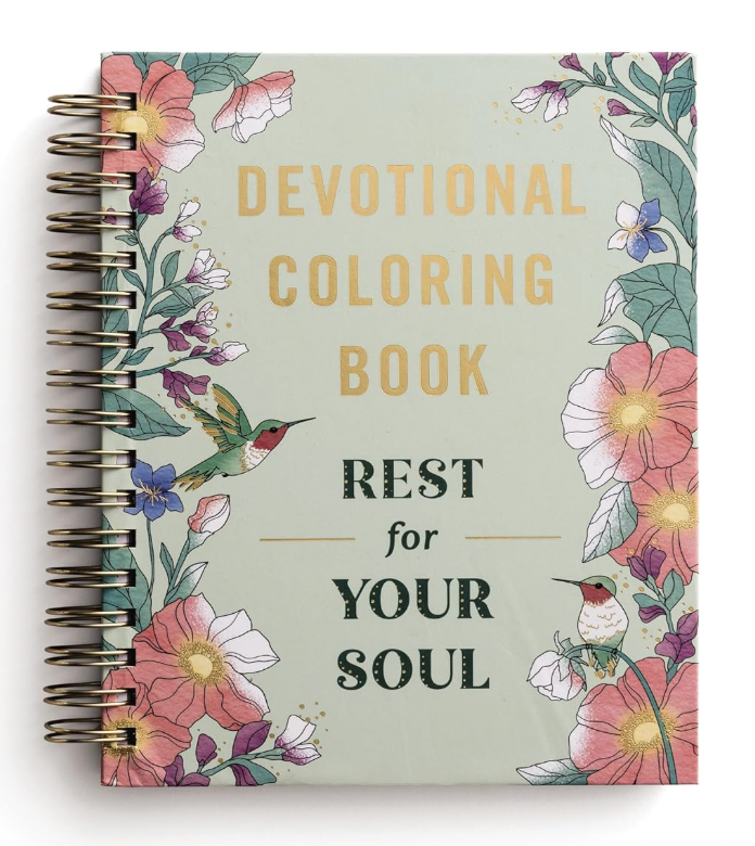 Devotional coloring book with floral design and text on a white background