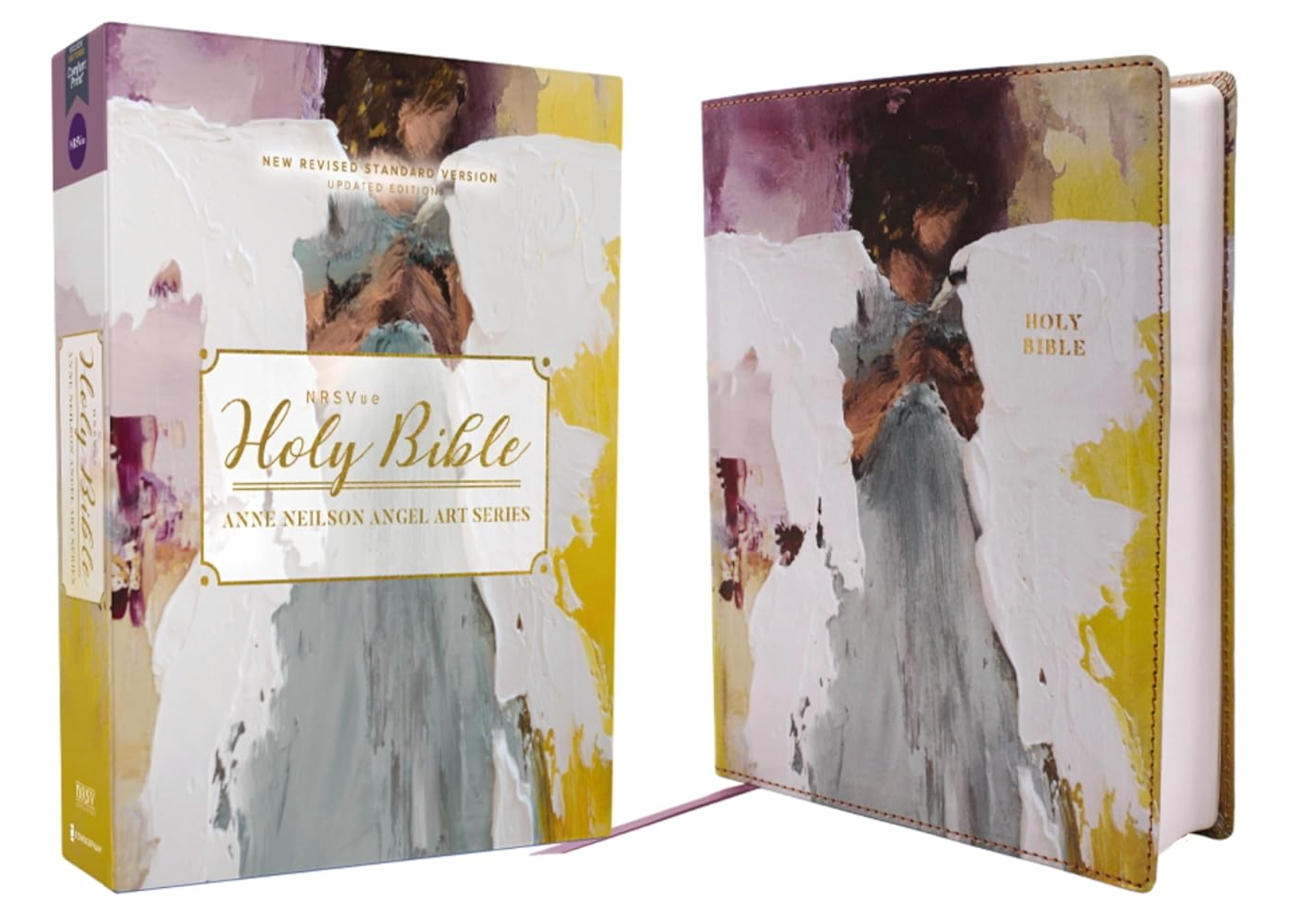 Bible with artistic cover design featuring a woman holding a child, in a box.