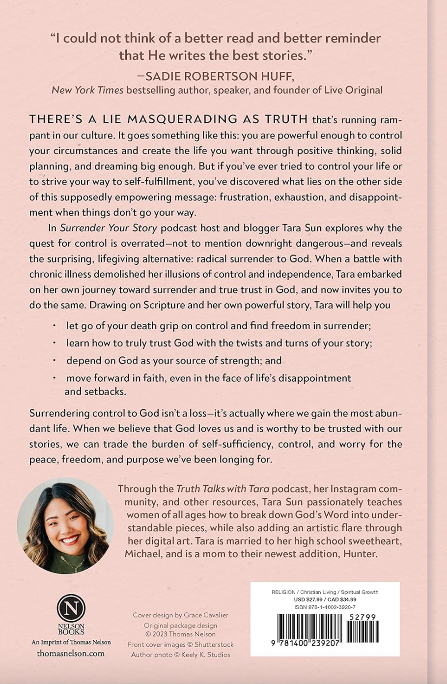 Back cover of a book with text and a photo of a woman, featuring a New York Times quote and a book code.