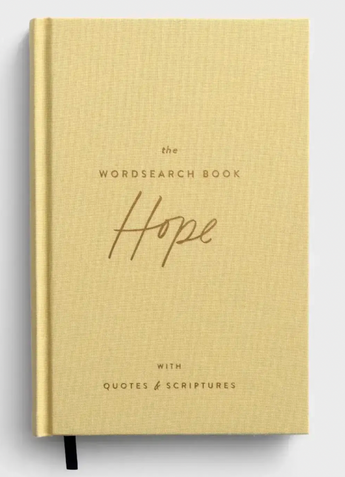 Beige wordsearch book titled 'Hope' with text on a white background