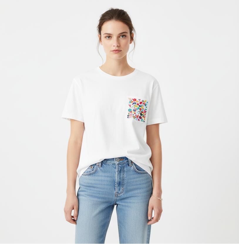 Woman wearing a white t-shirt with a colorful pocket design and light blue jeans on a white background
