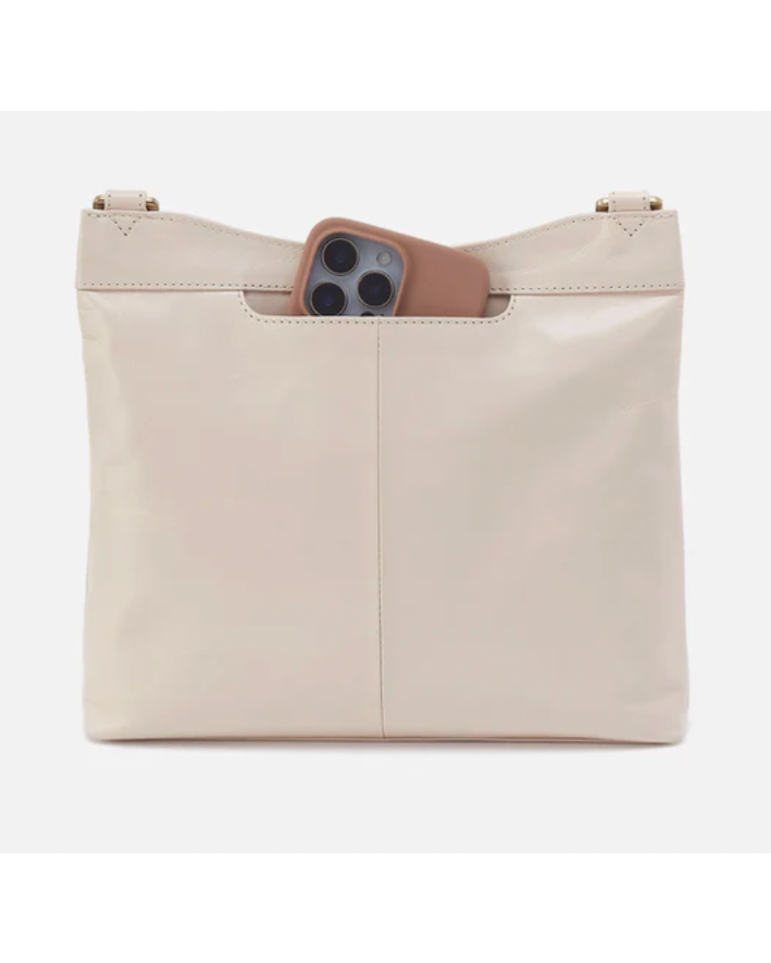 Beige handbag with a phone pocket on a white background