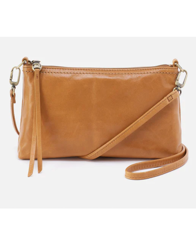 Brown leather crossbody bag on a white background