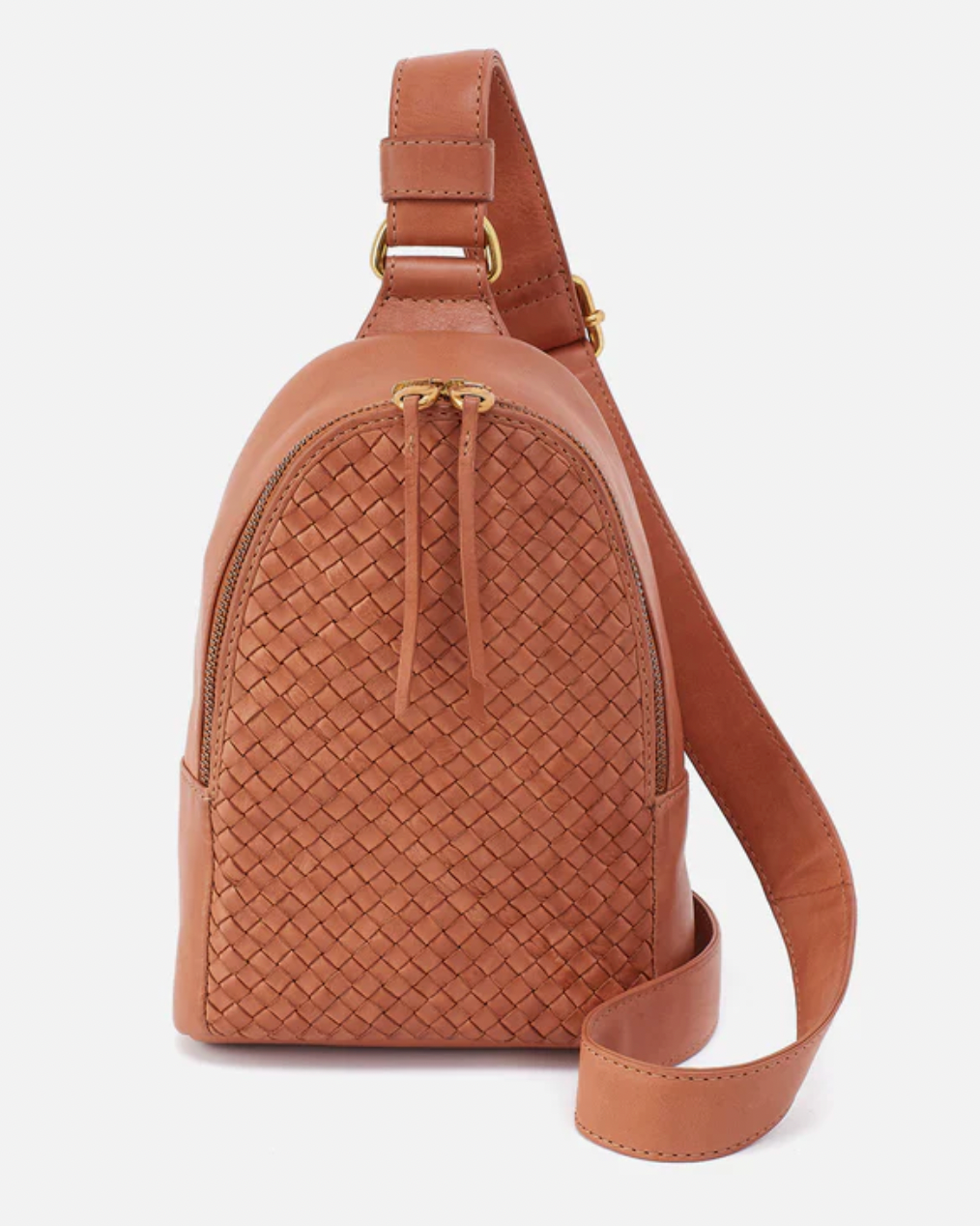 Brown woven leather sling bag on a white background