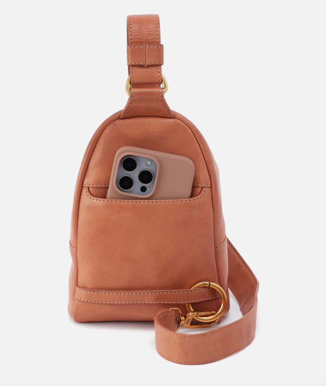 Brown leather sling bag with phone pocket on a white background
