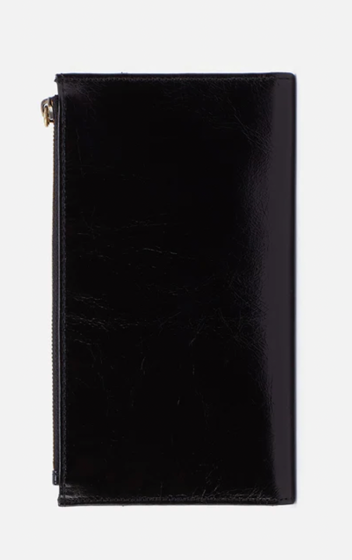 Black leather clutch bag on a white background