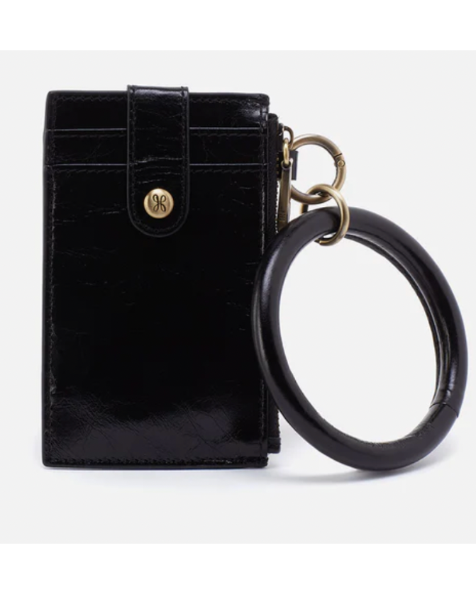 Black leather wallet with keychain on a white background