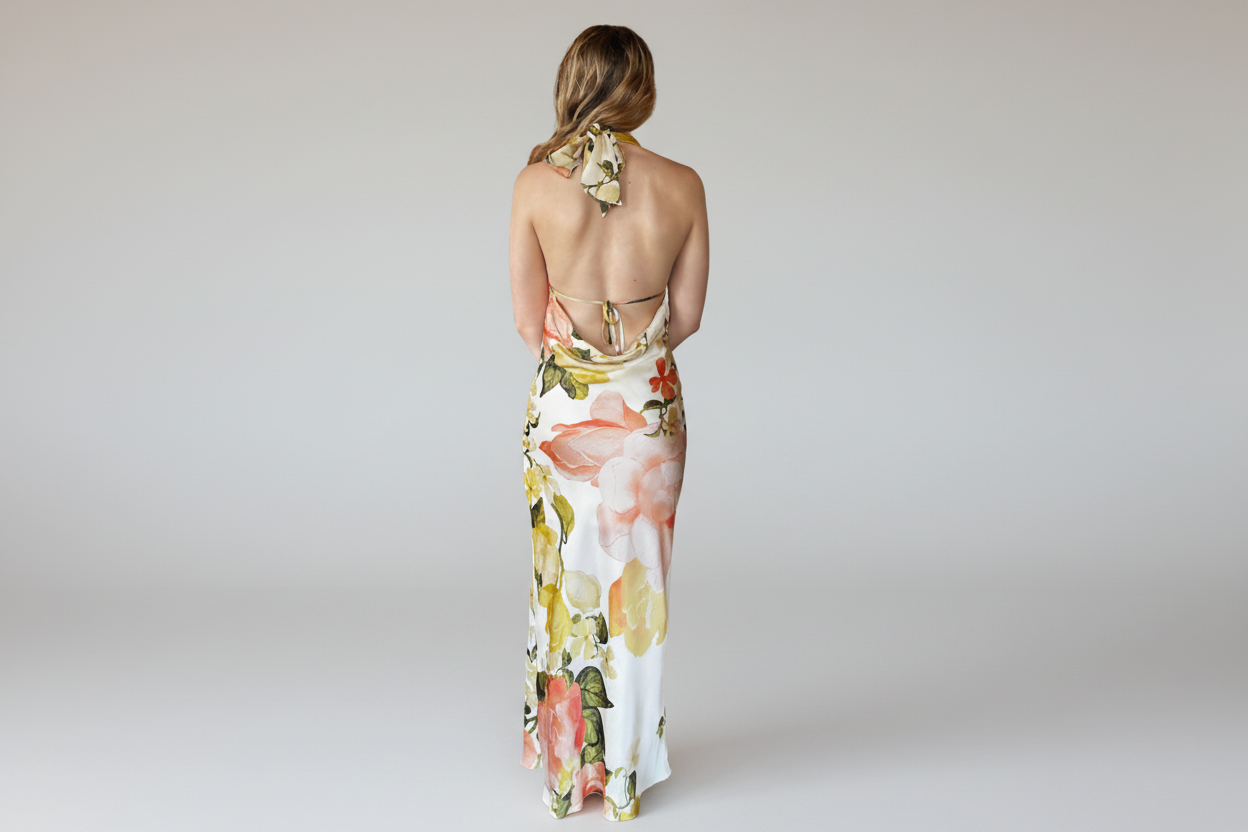 Woman wearing a floral halter neck dress on a white background