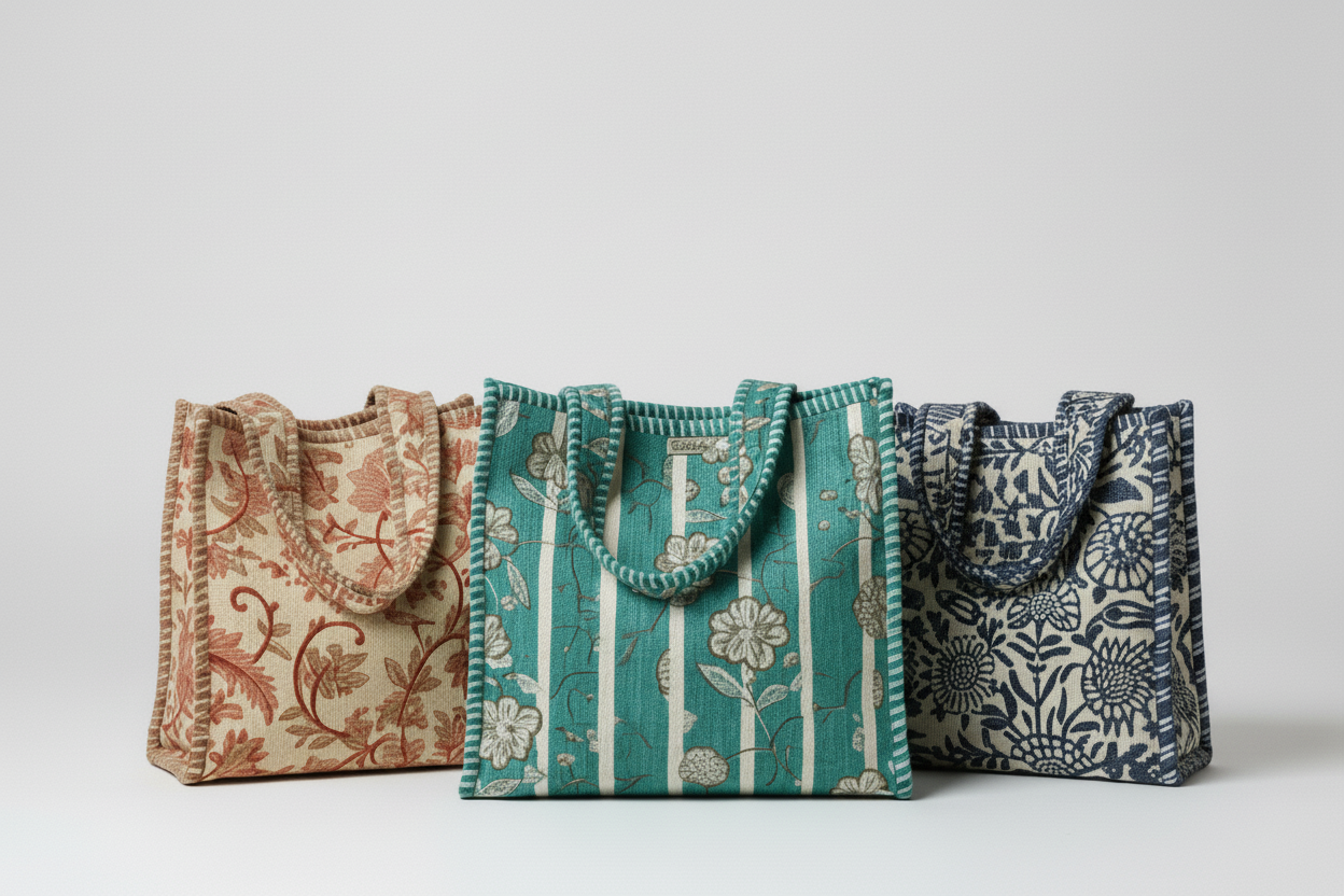 Three patterned bags on a light gray background