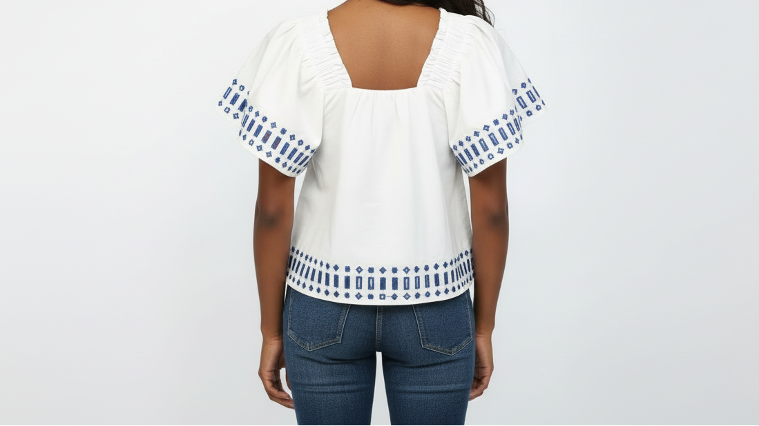 Woman wearing a white blouse with blue patterned sleeves and denim jeans on a white background