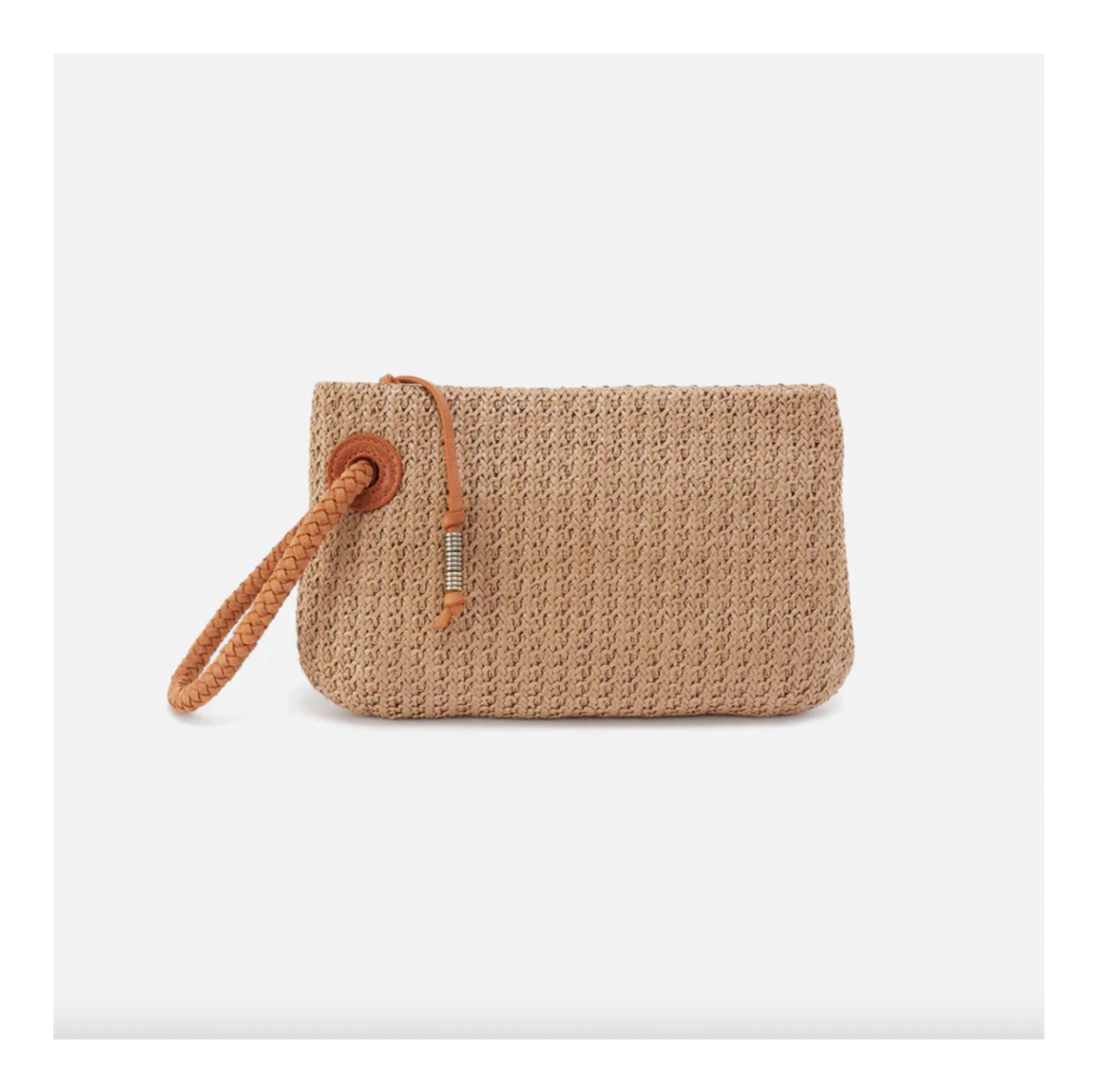 Beige crochet clutch bag with a brown strap on a white background