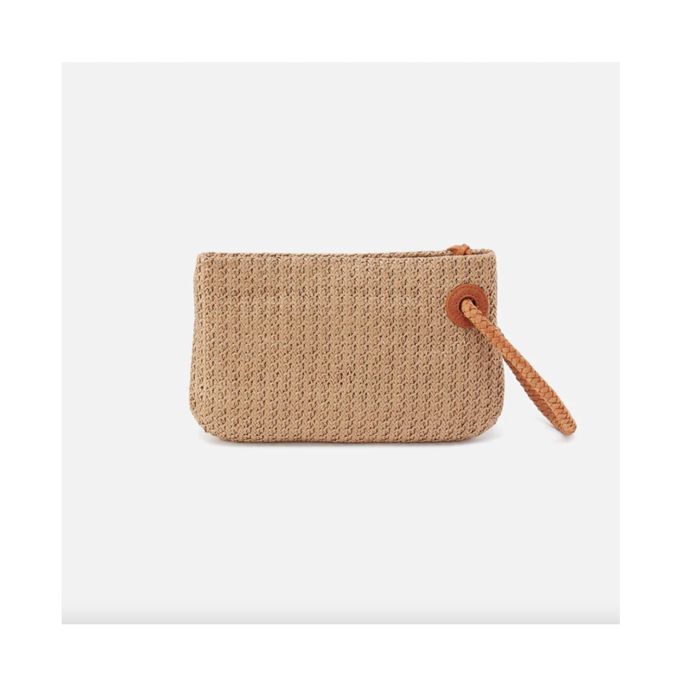 Beige woven pouch with a brown strap on a white background