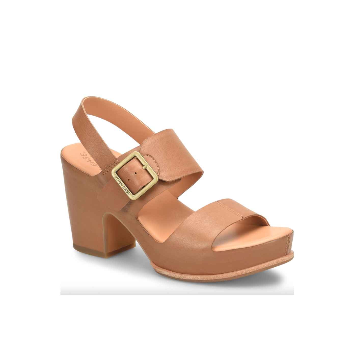 Tan sandal with a gold buckle on a white background