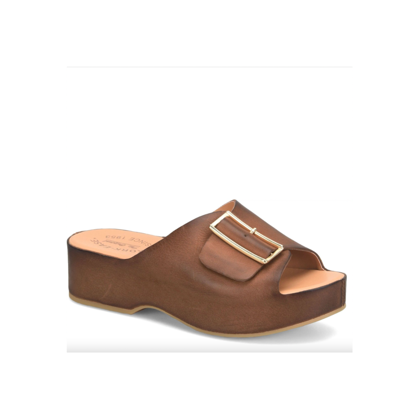 Pair of brown leather sandals with gold buckles on a white background