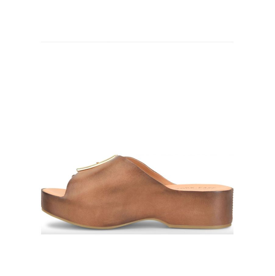 Pair of brown leather sandals with gold buckles on a white background