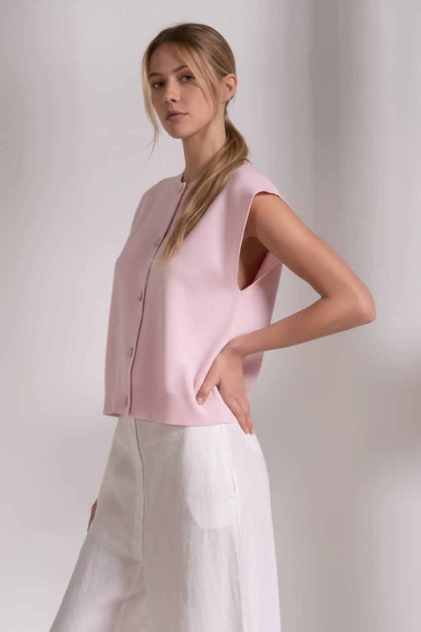 Woman wearing a light pink blouse with button details on a plain background