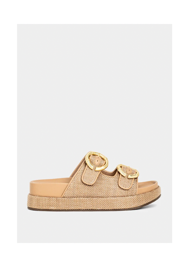 Beige sandal with gold buckle on a white background
