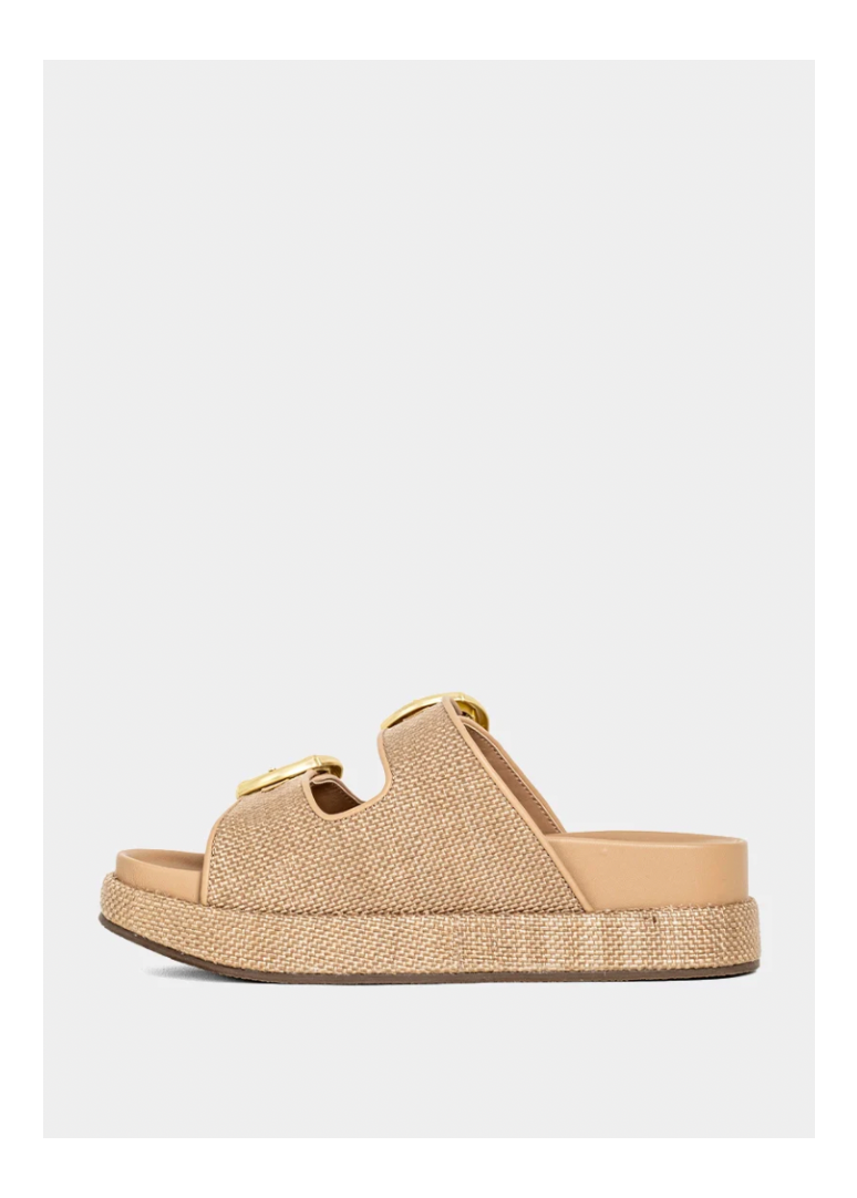 Beige sandal with woven design on a white background