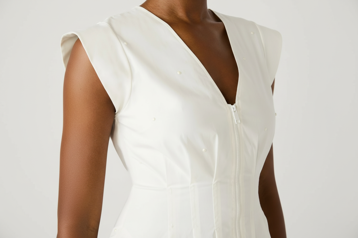 White sleeveless top with a deep neckline on a white background