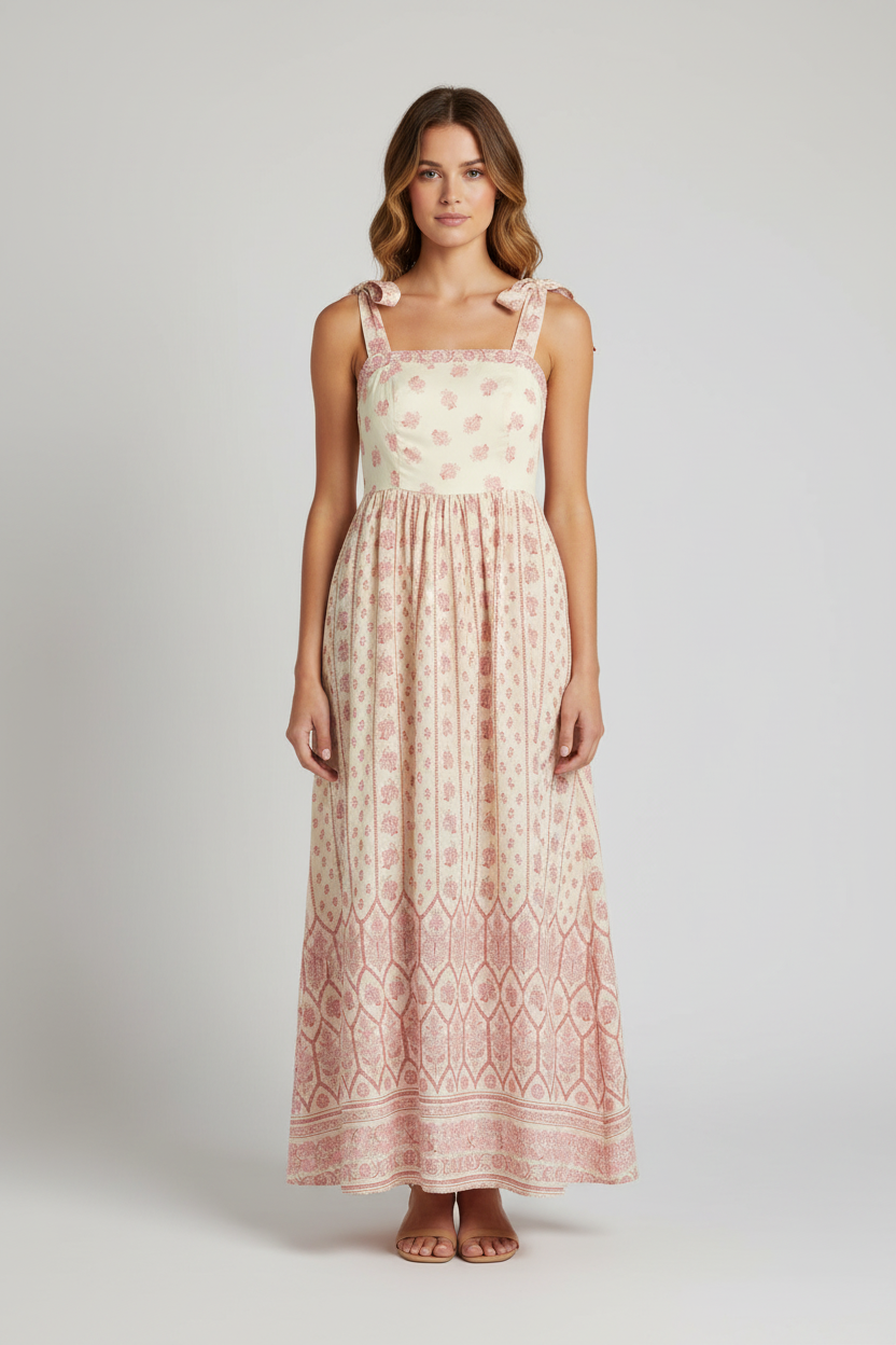 Long floral dress with pink and white pattern on a white background