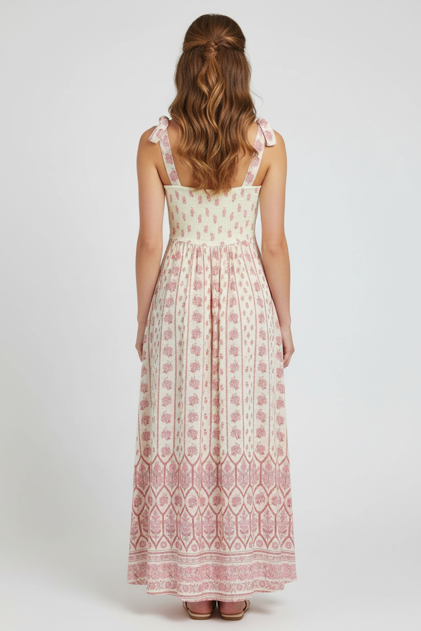 Long dress with pink floral pattern on a white background