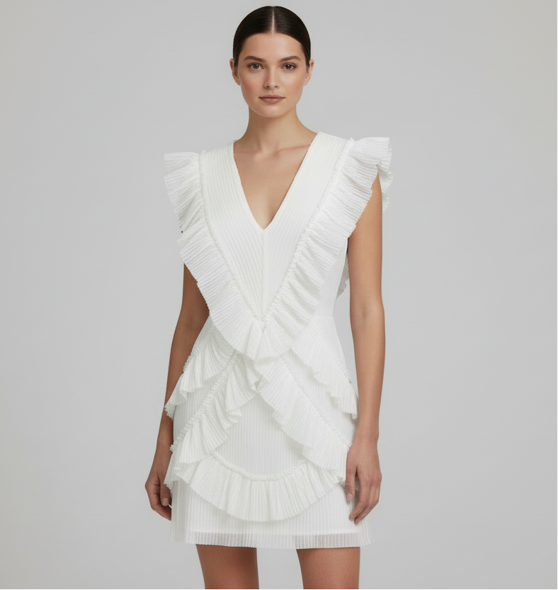 White ruffled dress worn by a model on a plain background