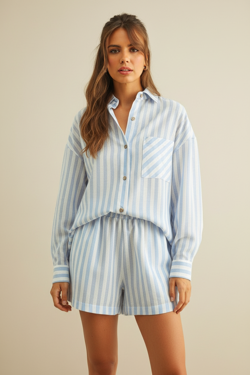 Woman wearing a blue and white striped shirt and shorts set against a plain background