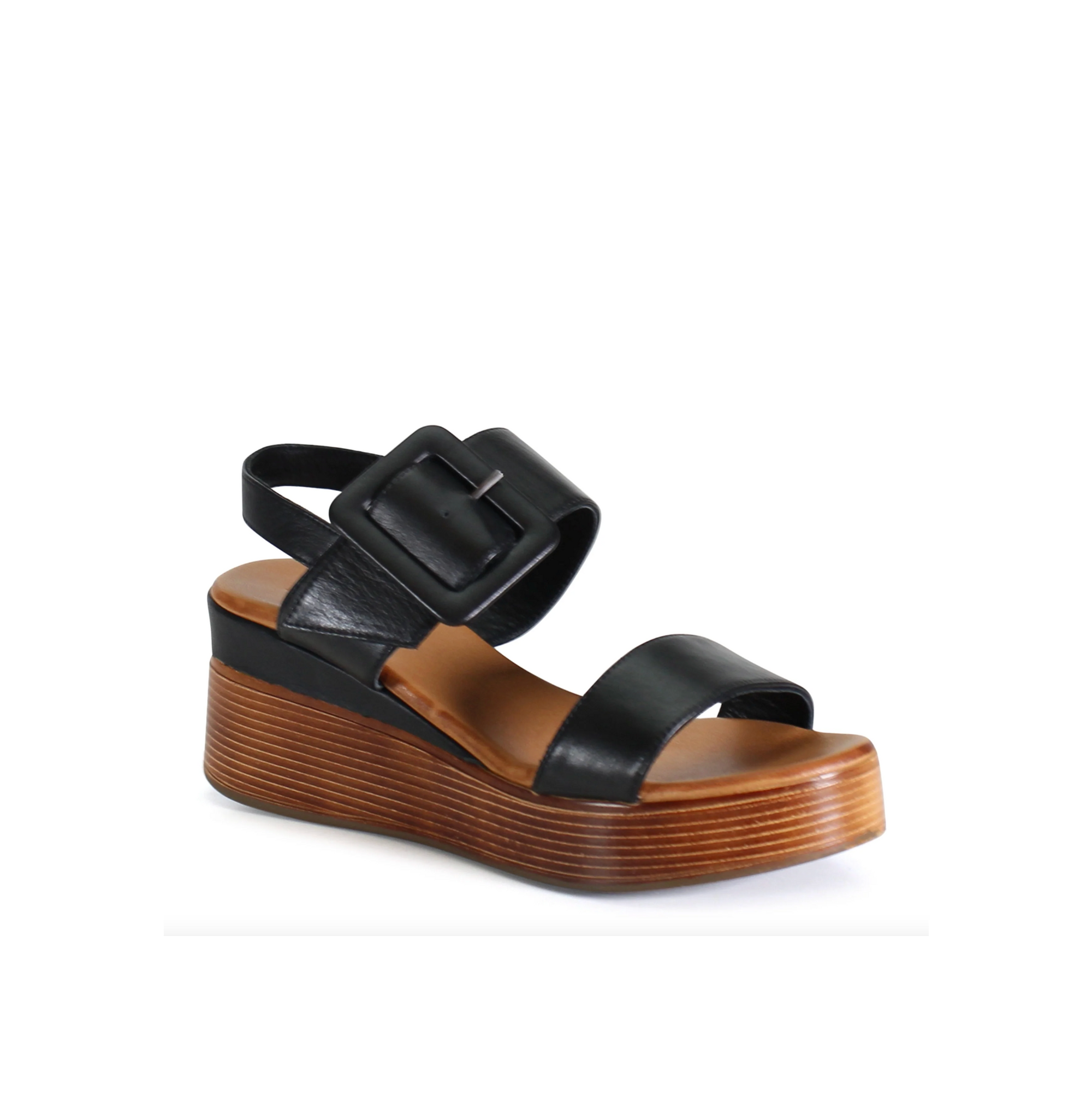 Black wedge sandal with wooden sole on a white background