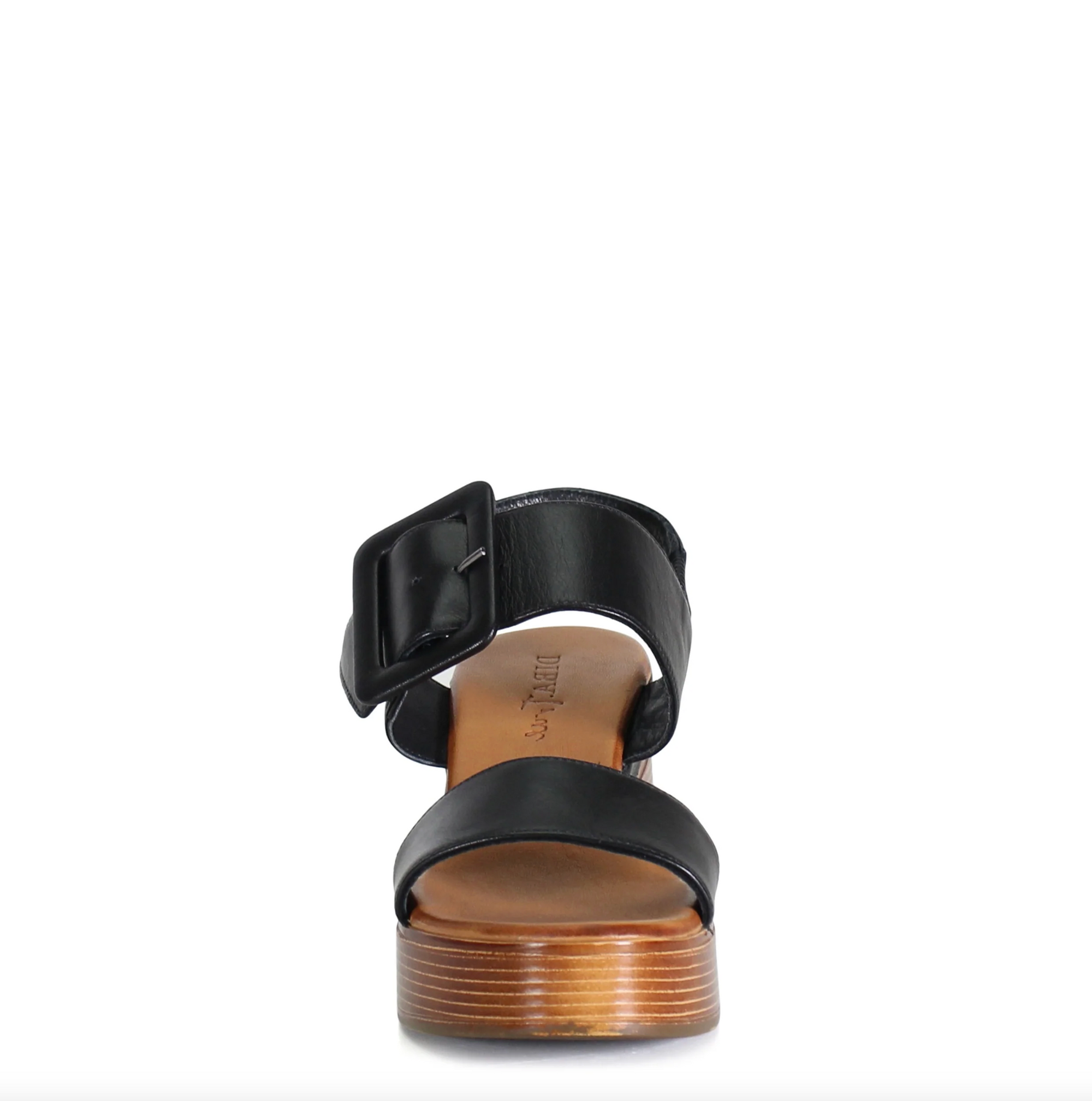 Black sandal with a wooden sole on a white background