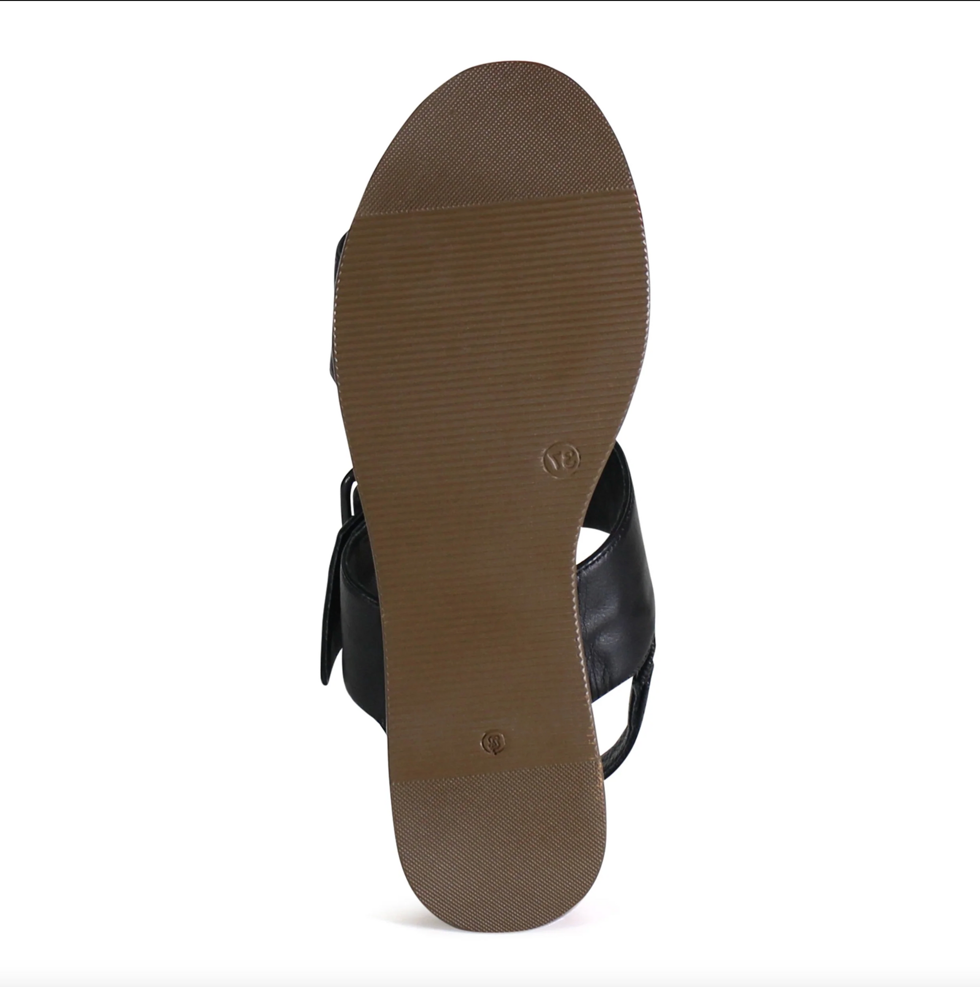 Black sandal sole with brand logo on a white background