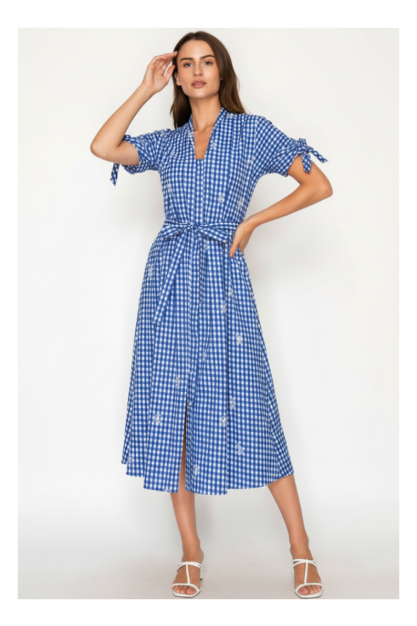 Woman wearing a blue checkered dress on a white background