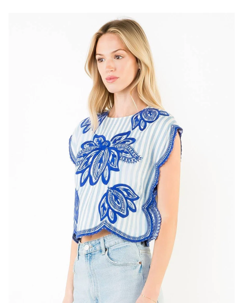 Woman wearing a white top with blue floral patterns and denim shorts on a white background
