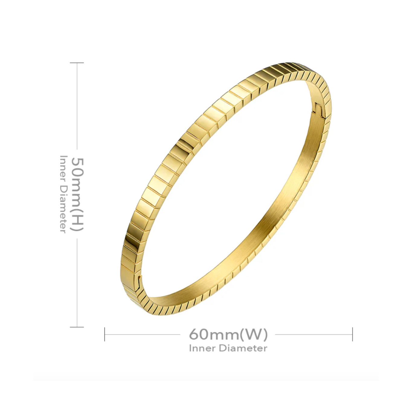 Gold bracelet with dimensions on a white background