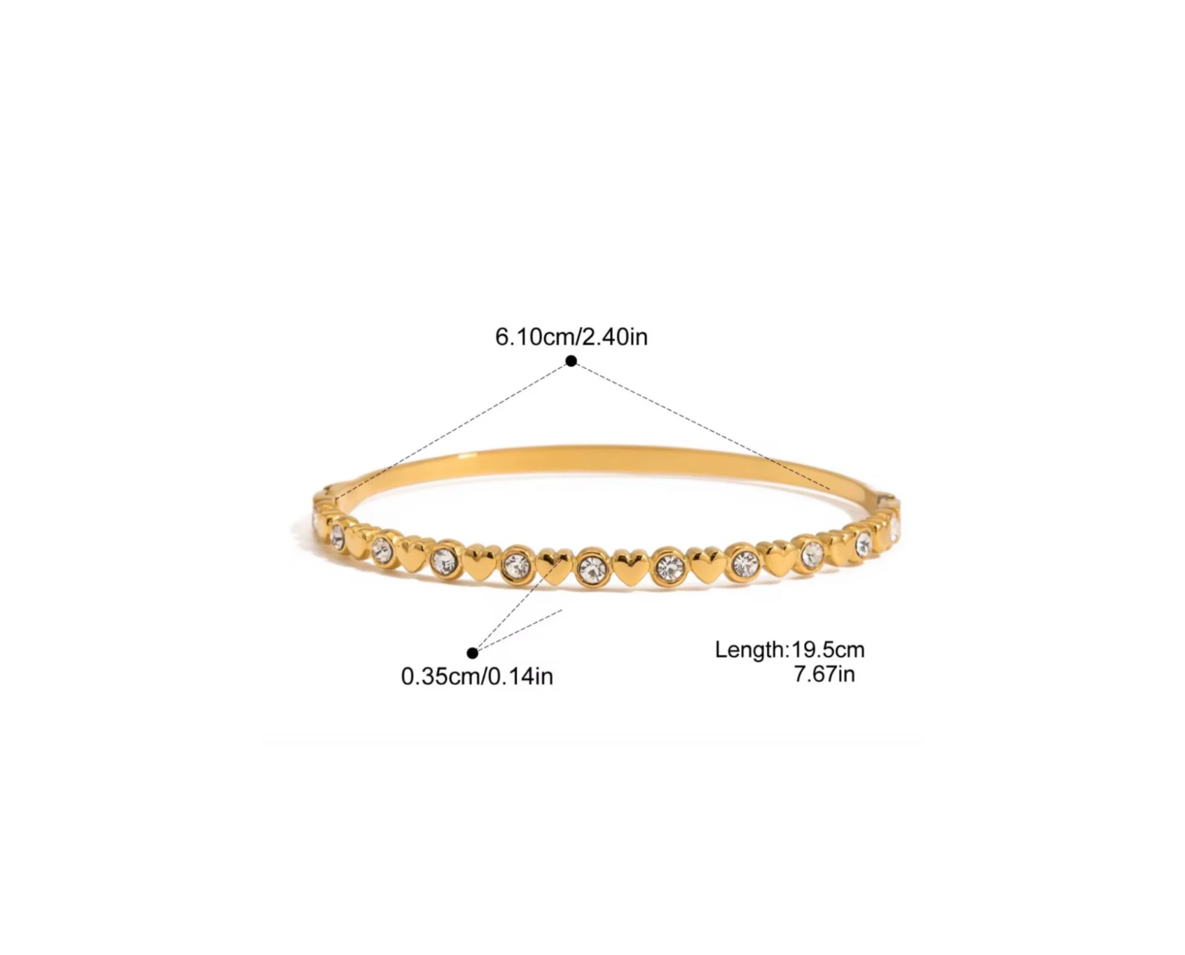 Gold bracelet with heart-shaped ends and measurements on a white background