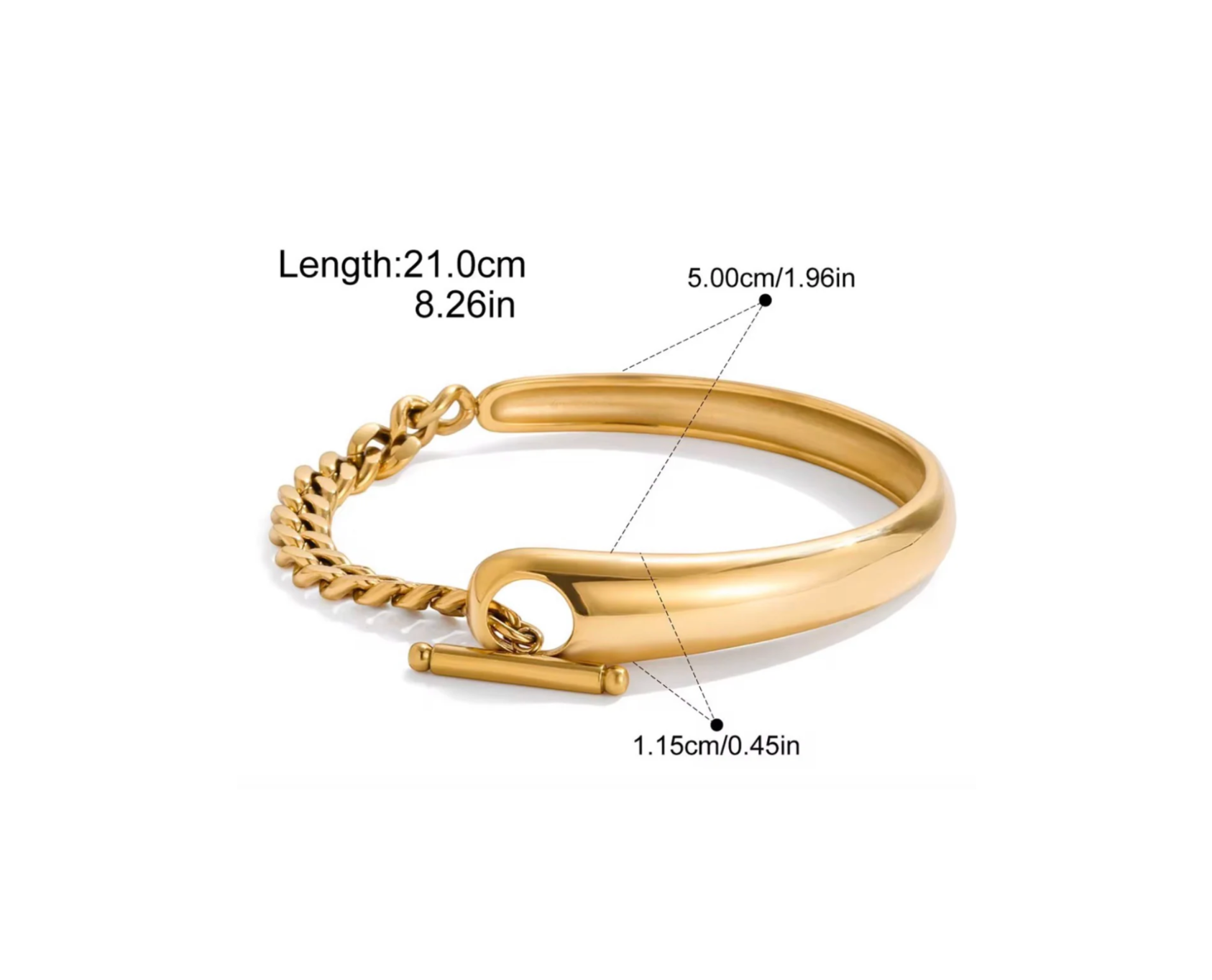 Gold bracelet with measurements on a white background