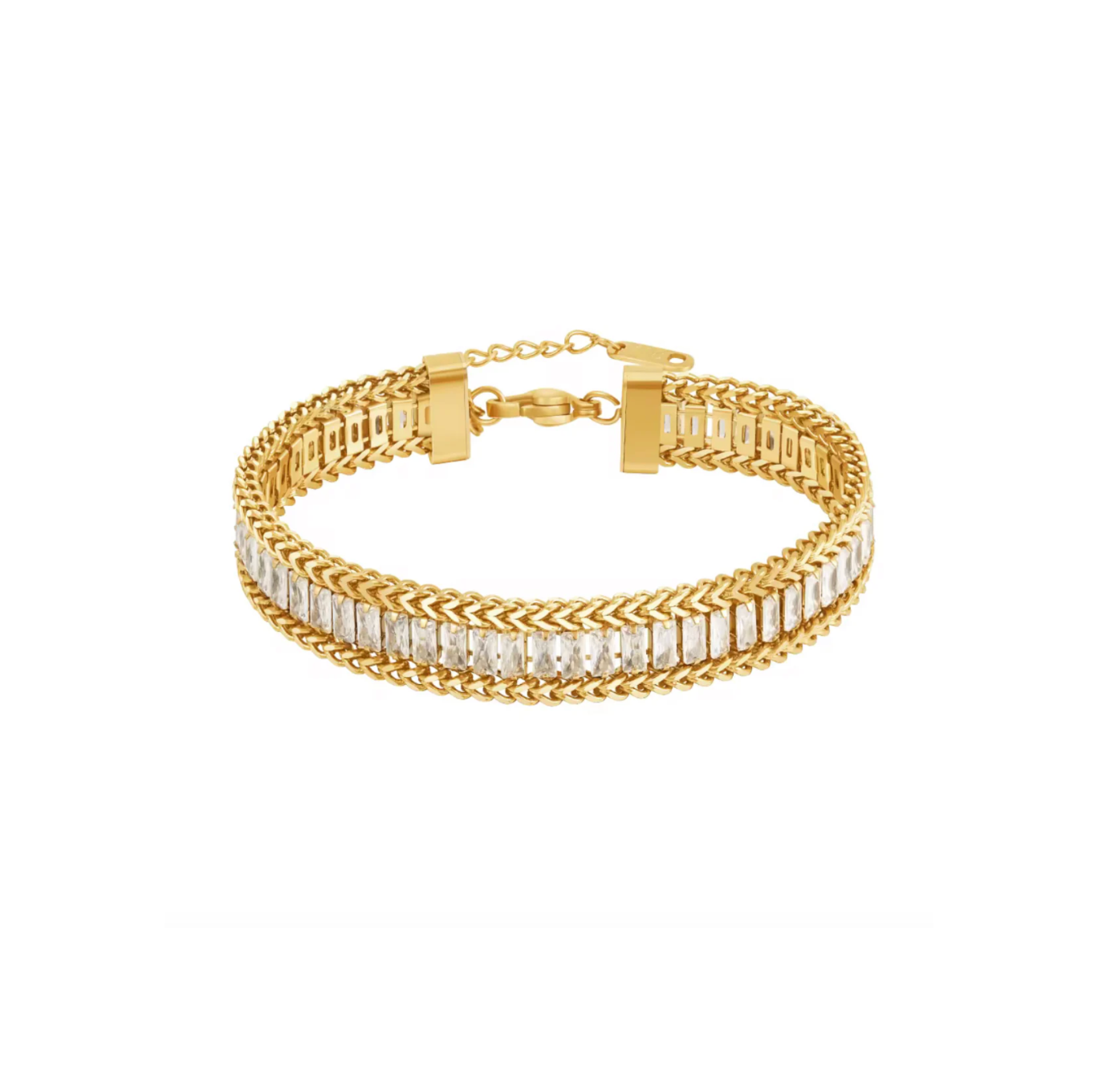 Gold bracelet with clear gemstones on a white background