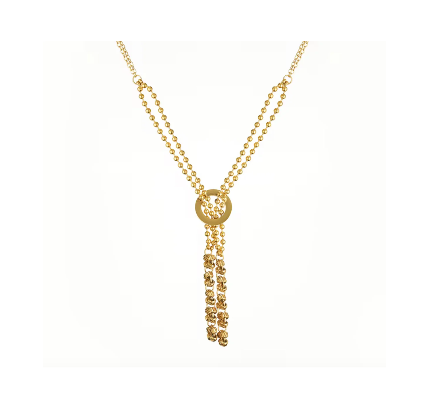 Gold necklace with a round pendant on a white background