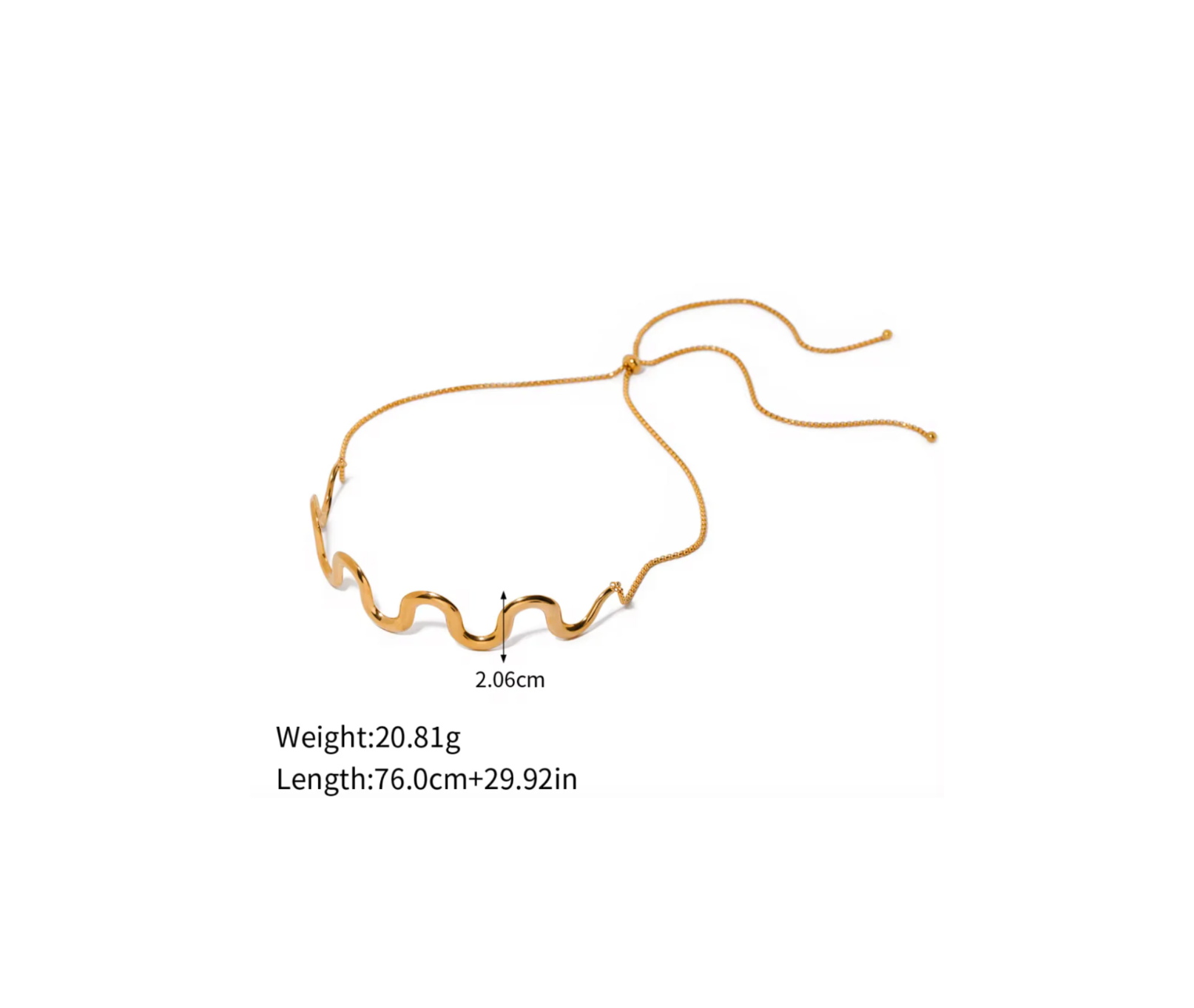 Gold necklace with wavy design on a white background