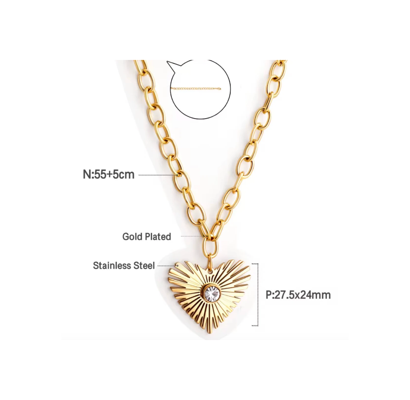 Gold necklace with heart-shaped pendant and measurement details on a white background