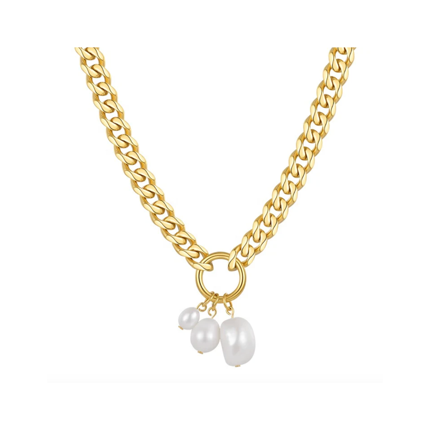 Gold chain necklace with pearl charms on a white background