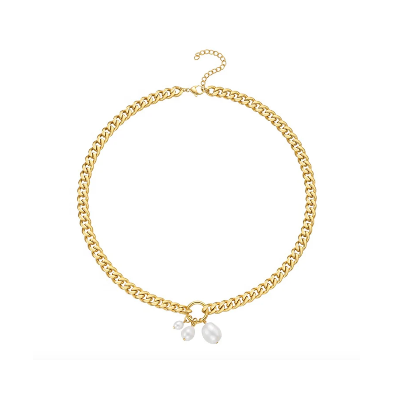 Gold chain necklace with pearl pendants on a white background