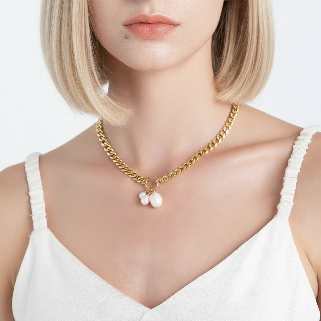 Gold chain necklace with pearl pendants worn by a model on a white background