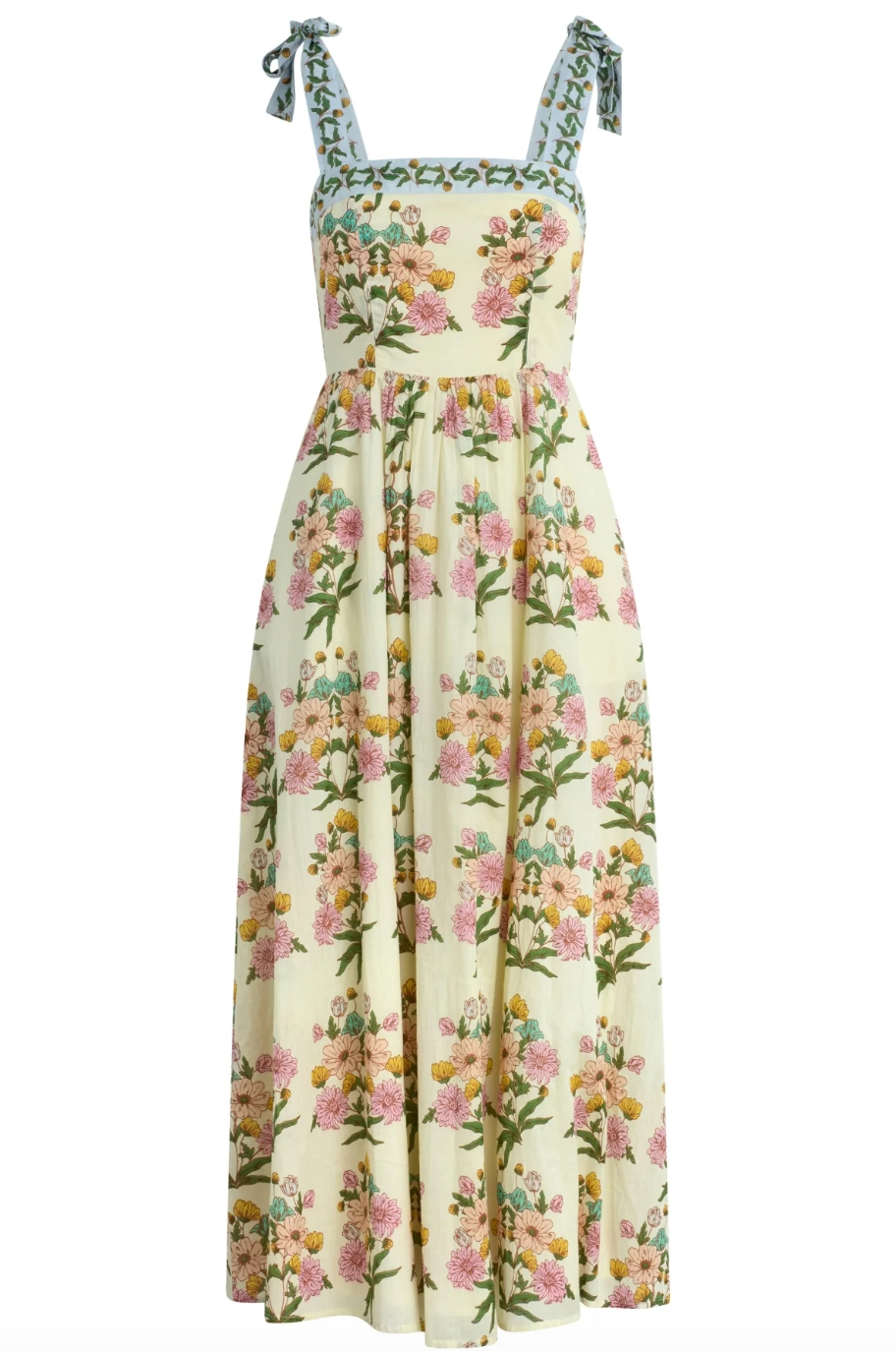 Floral dress with decorative straps on a white background