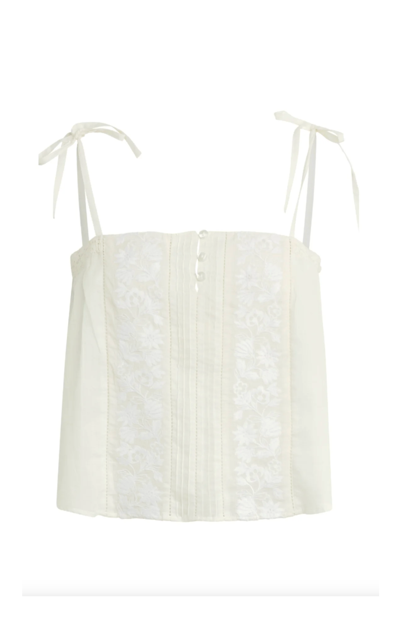 White lace top with thin straps on a white background