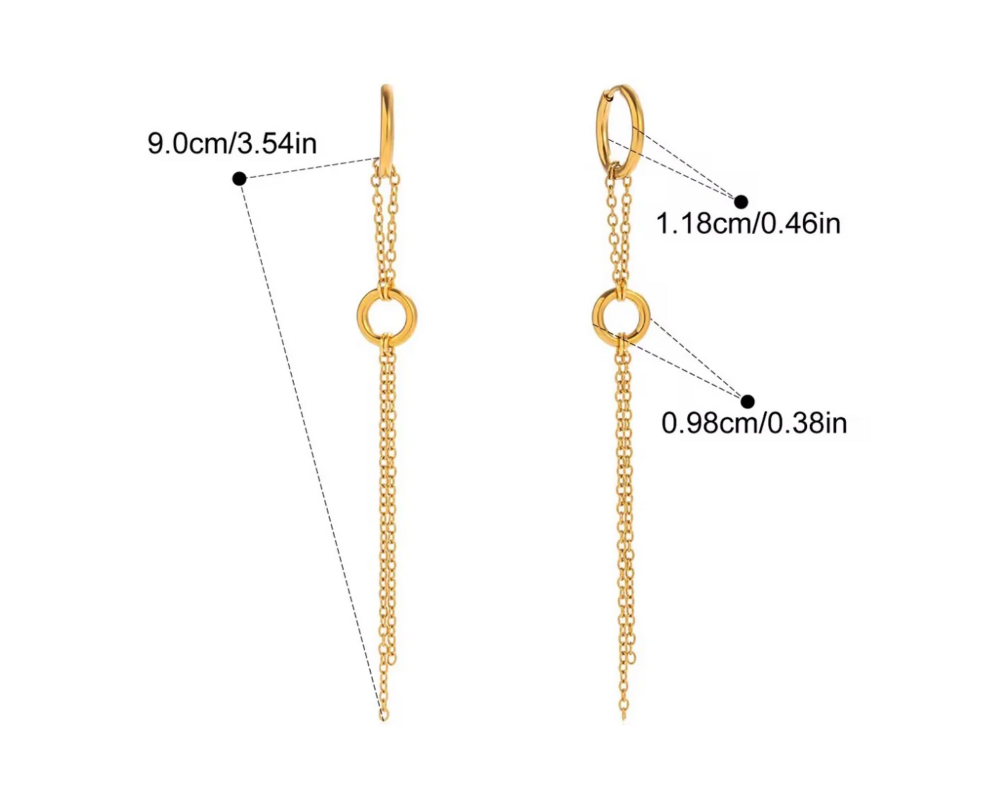 Gold hoop earrings with chain extensions, showing measurements on a white background.