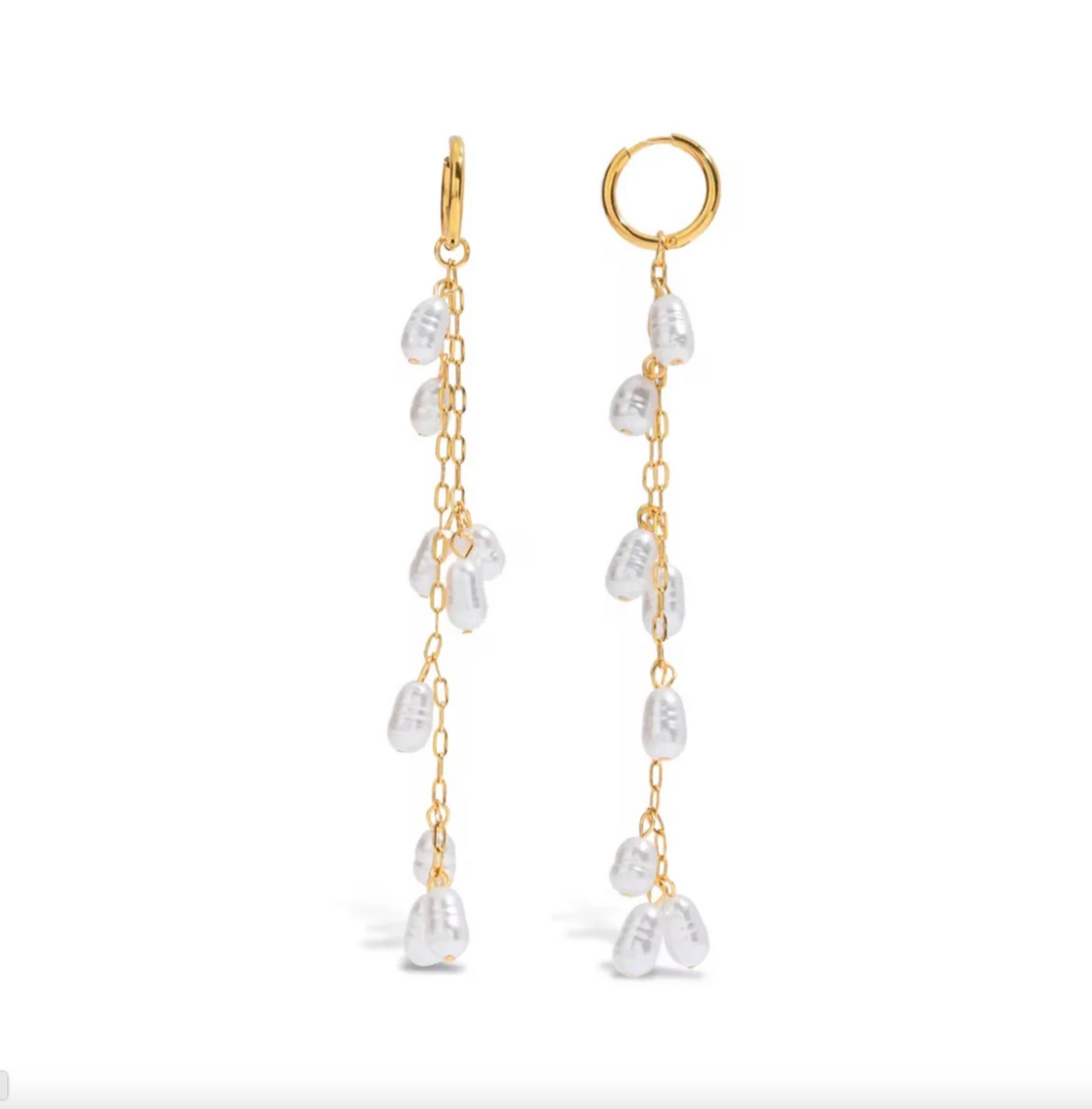 Gold chain earrings with pearl drops on a white background