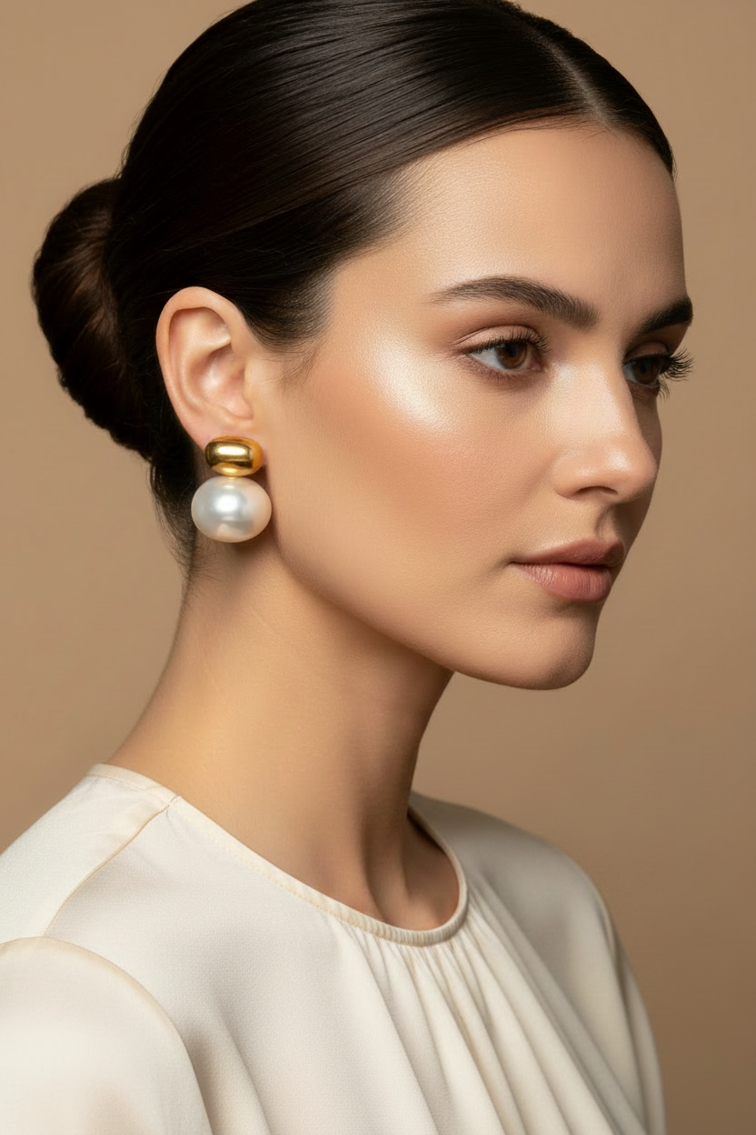 Gold and pearl earrings on a white background