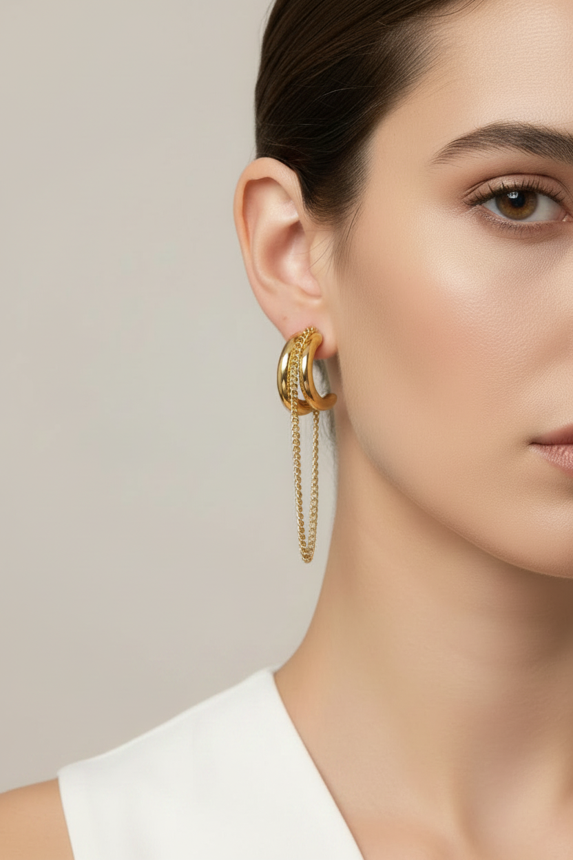 Gold hoop earrings with chain details and measurements on a white background